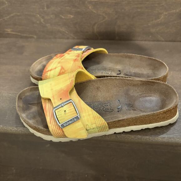 Birki's Sandals Shoes Womens Size 6 Yellow Orange Plaid Slip On Comfort Cork - Picture 1 of 9